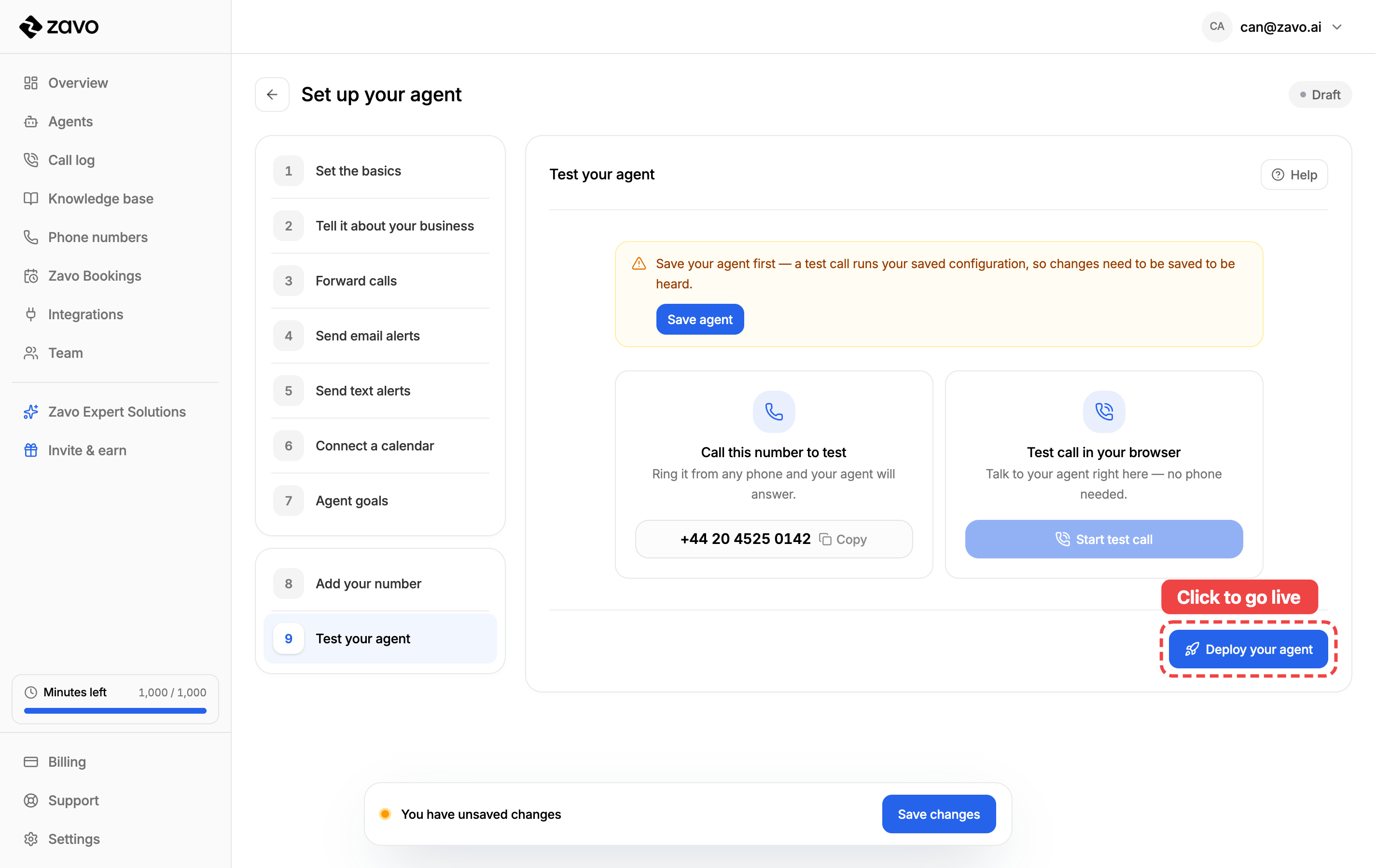 The Test your agent step with the Deploy your agent button