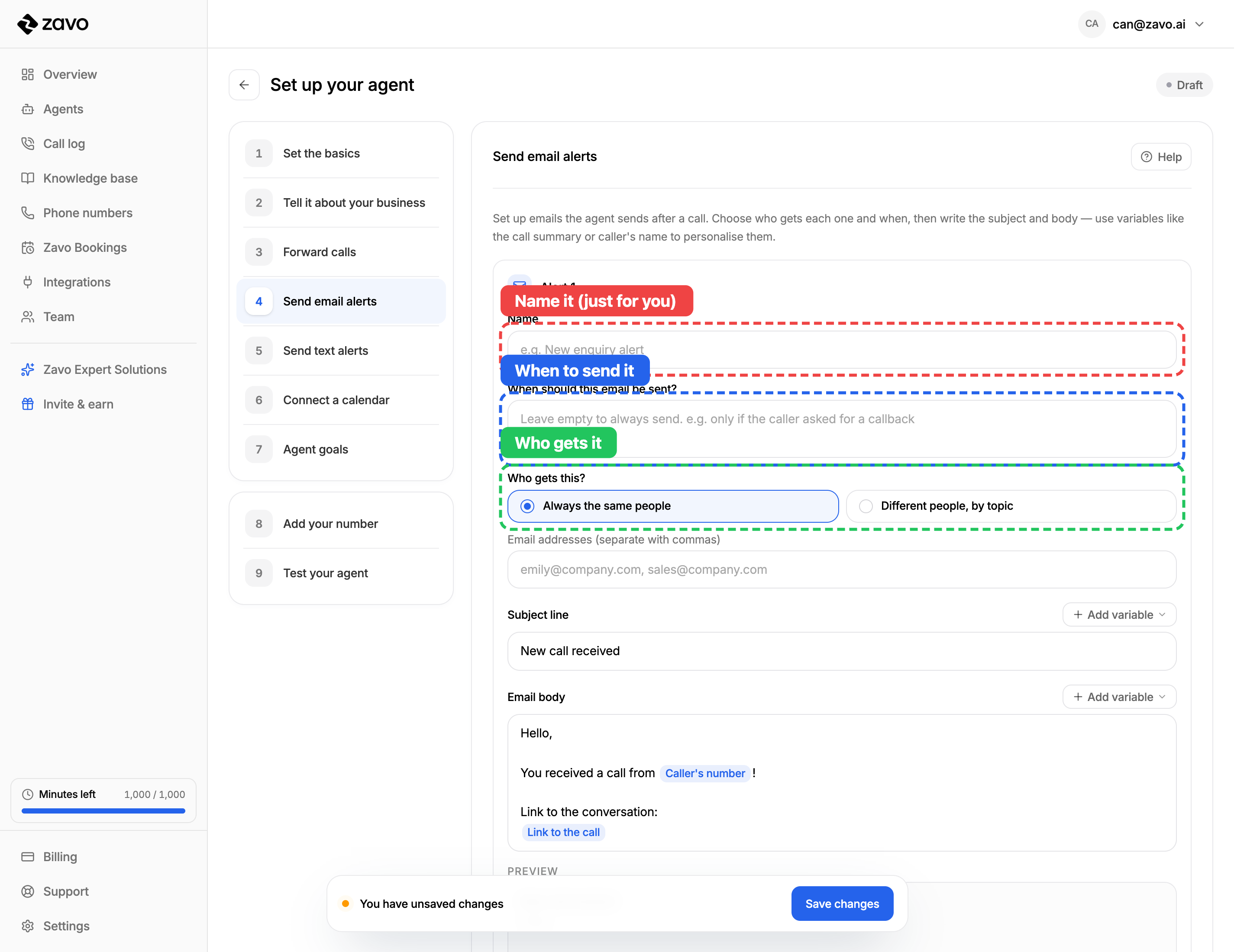 An email alert: name it, choose when to send it, and who gets it