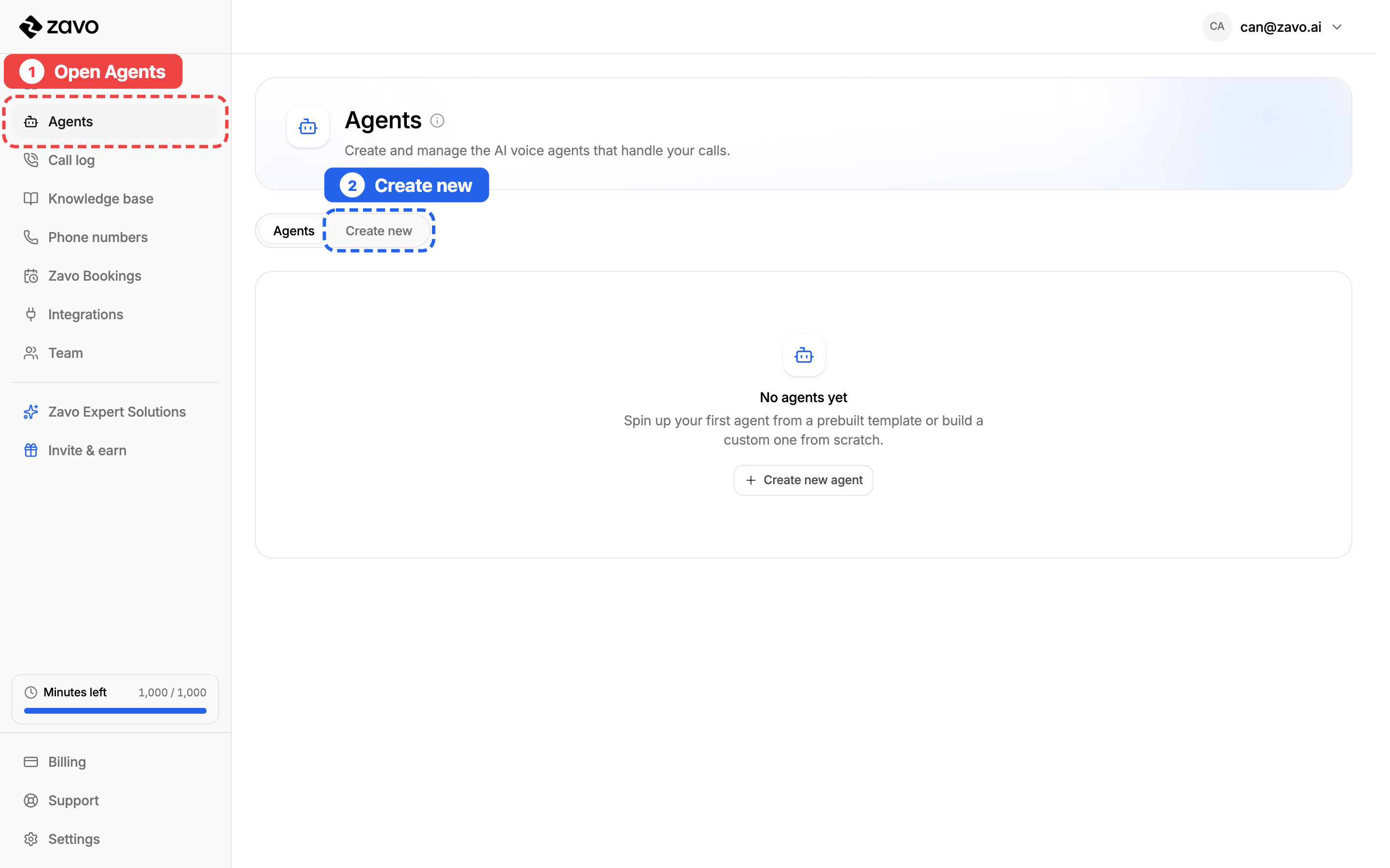 Open the Agents page from the left menu, then the Create new tab