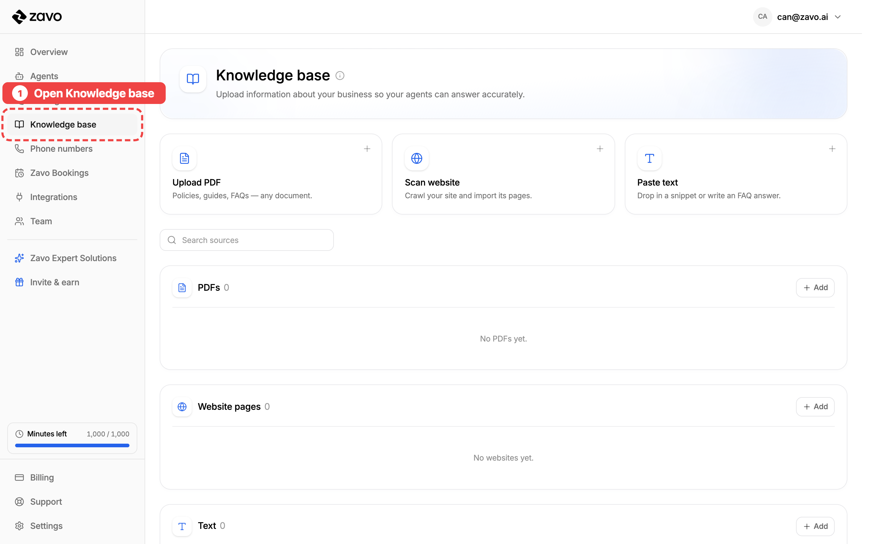 Open the Knowledge base page from the left menu
