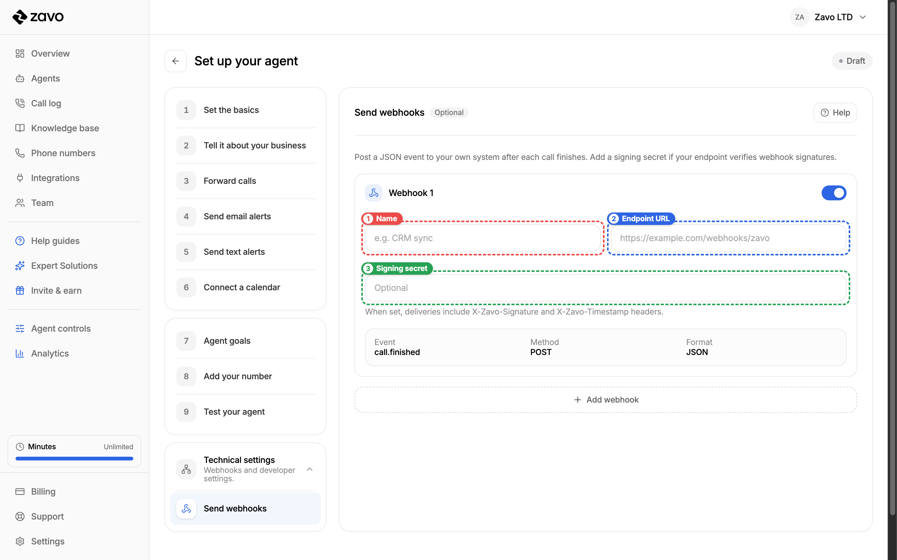 The Send webhooks step in the agent builder: give the webhook a name (1), set the HTTPS endpoint URL Zavo will POST to (2), and add an optional signing secret (3)