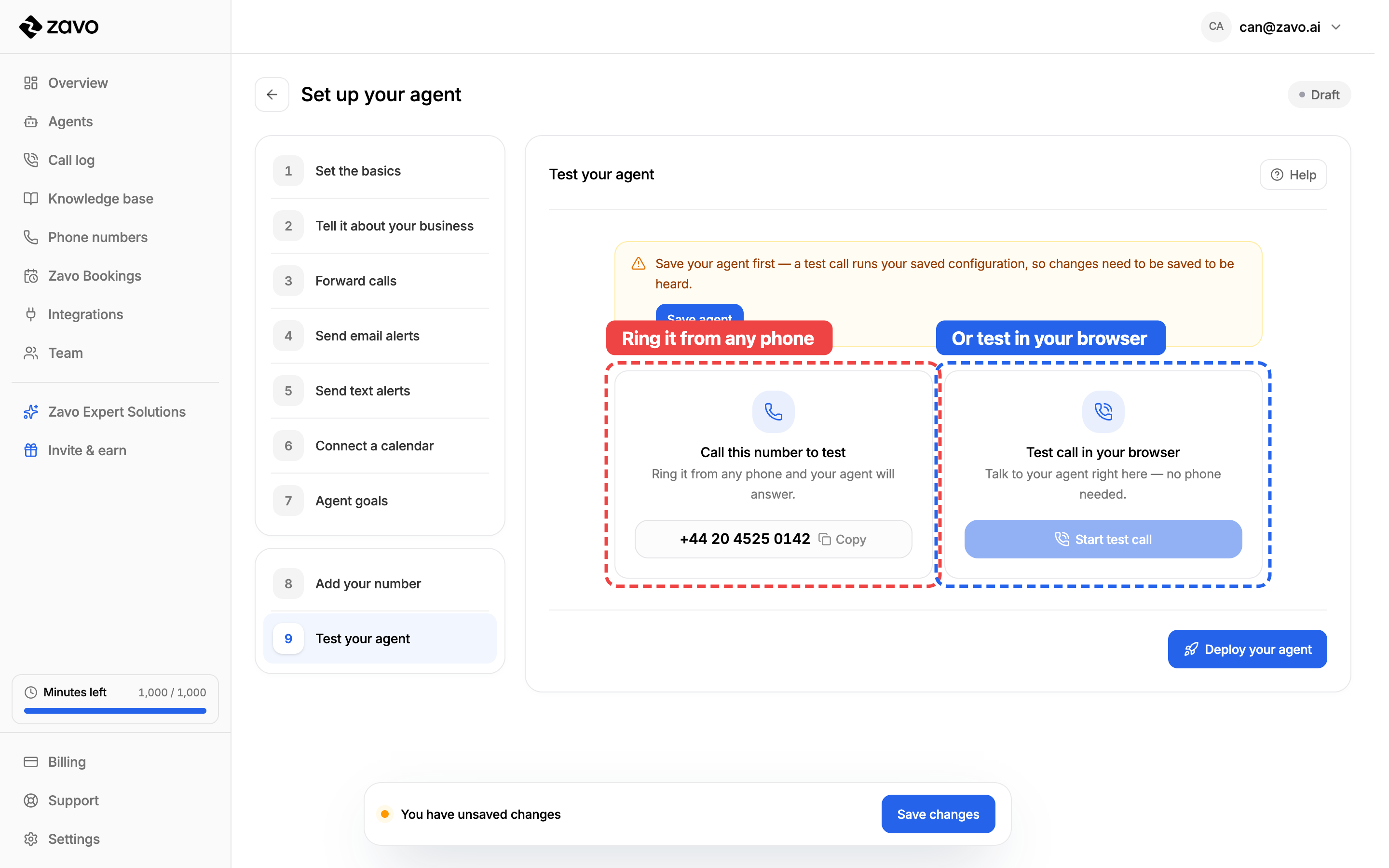 The two ways to test: call a number, or start a call in your browser