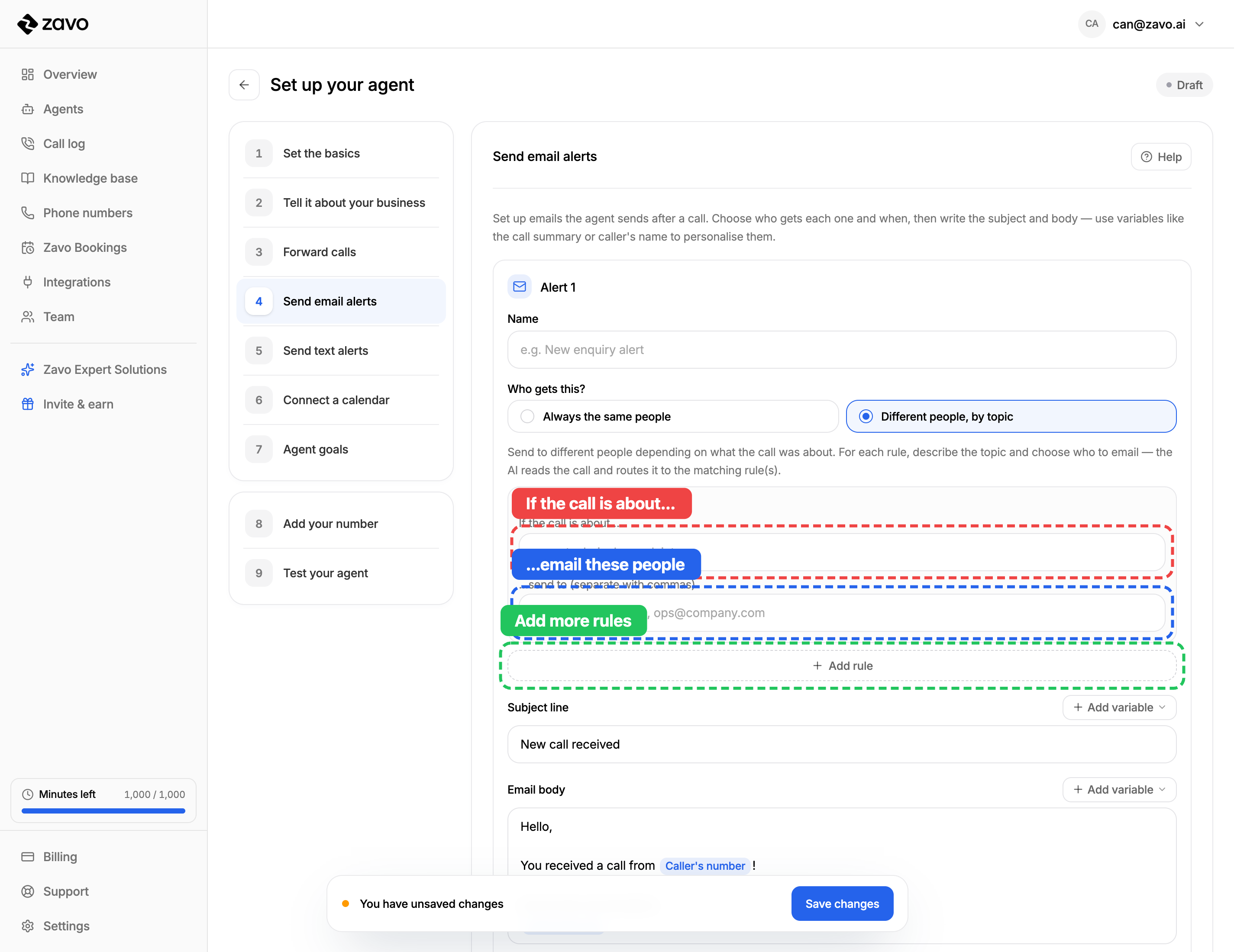 Routing by topic: if the call is about X, email these people