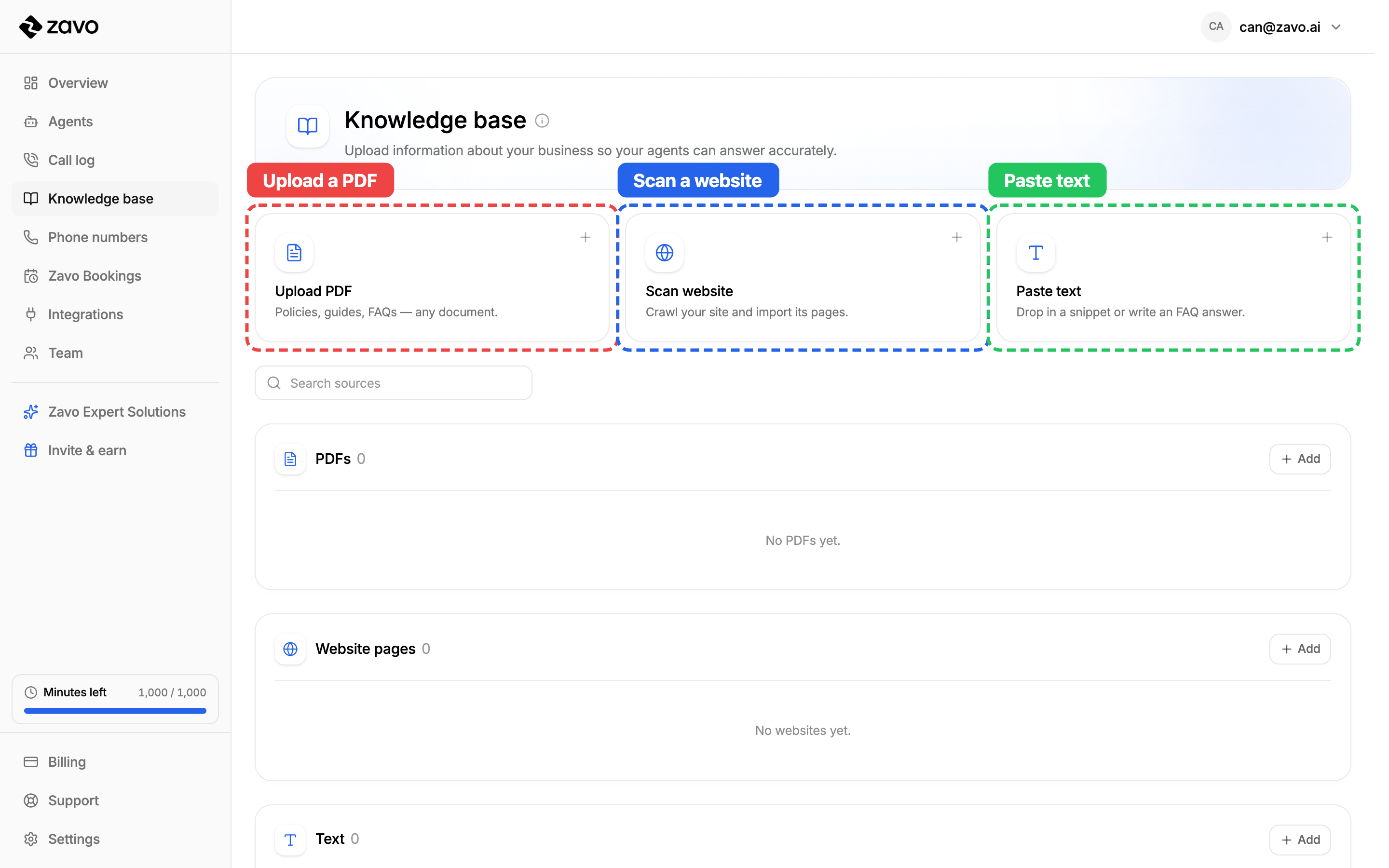 The three ways to add knowledge: upload a PDF, scan a website, or paste text