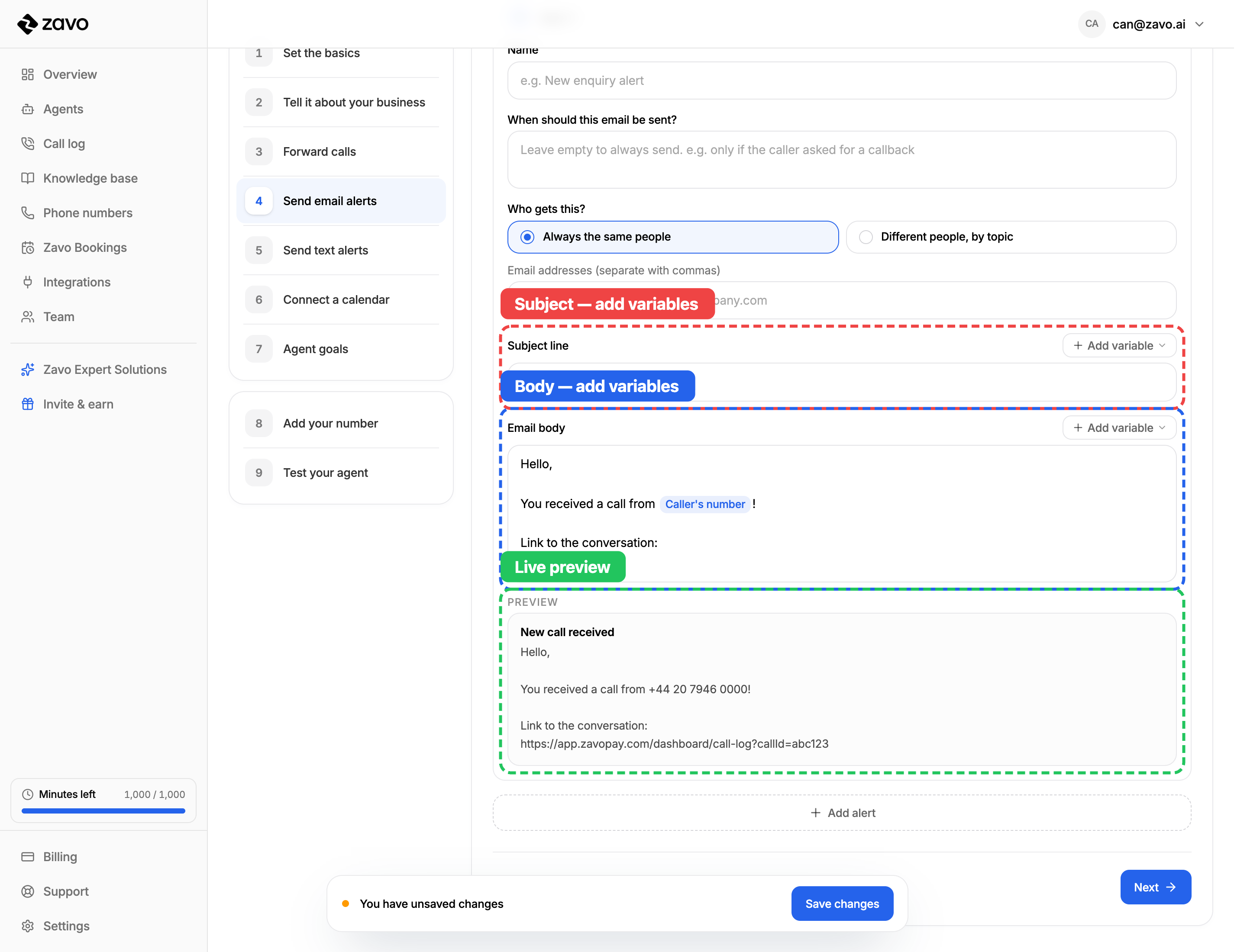 Writing the email: subject, body, and a live preview