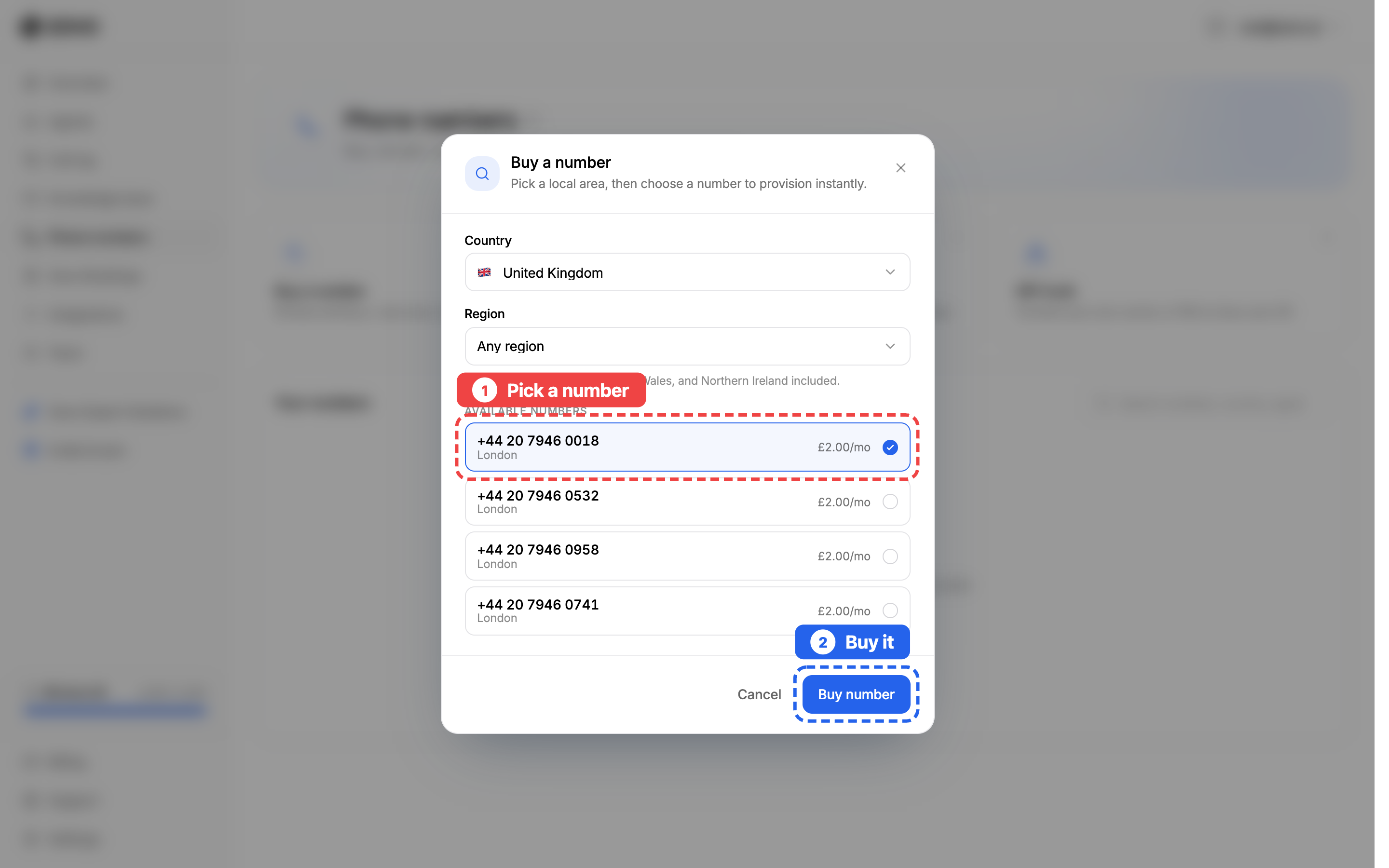 Pick a number from the list, then click Buy number