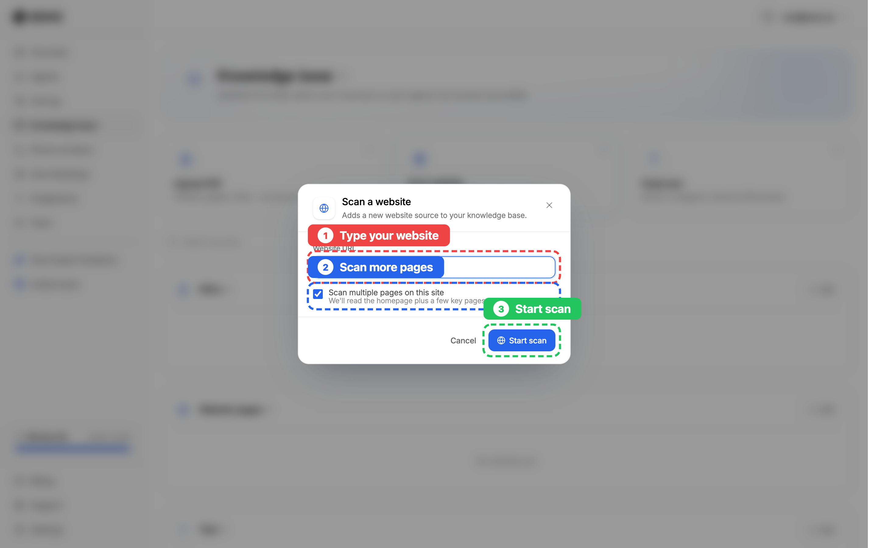 Scan a website: type your address, keep scan-more-pages ticked, then start the scan