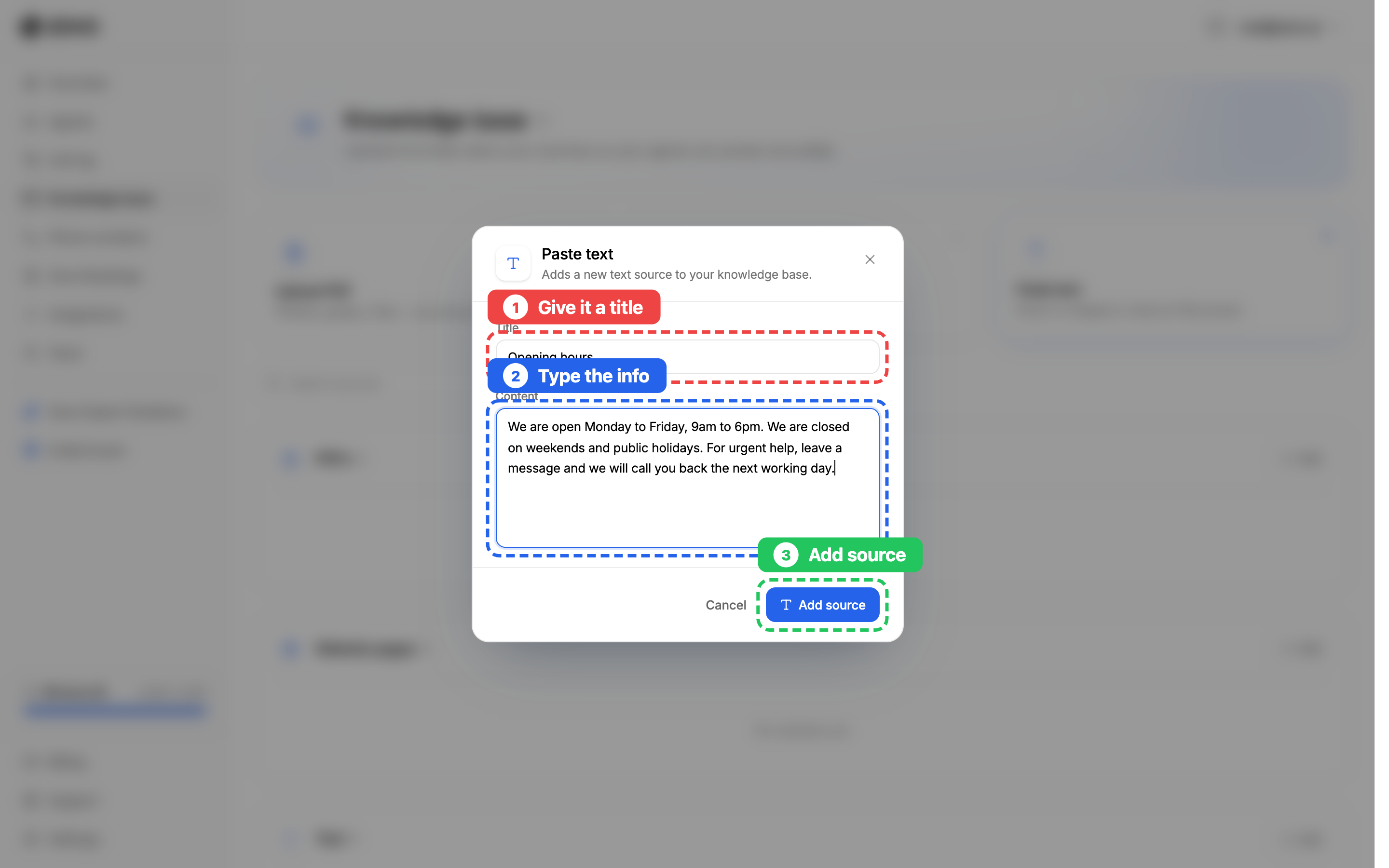 Paste text: add a title, type the information, then click Add source