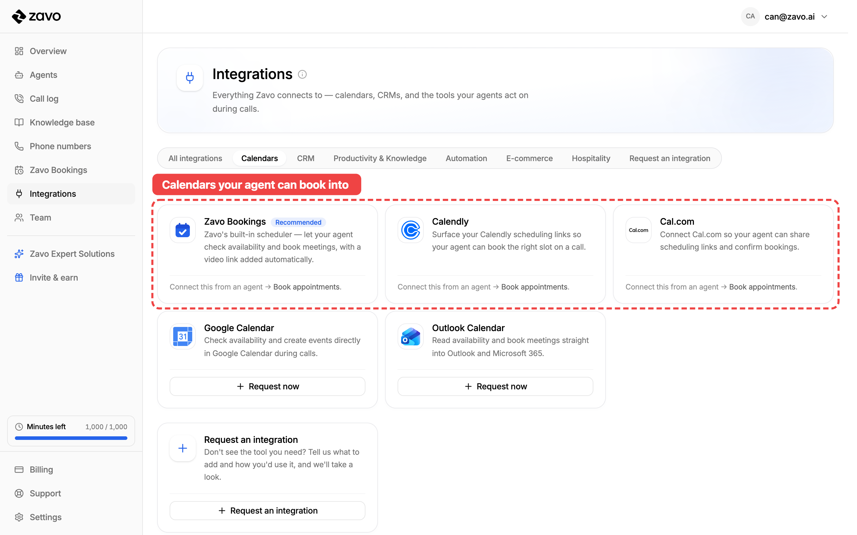 The calendars your agent can book into: Zavo Bookings, Calendly, and Cal.com