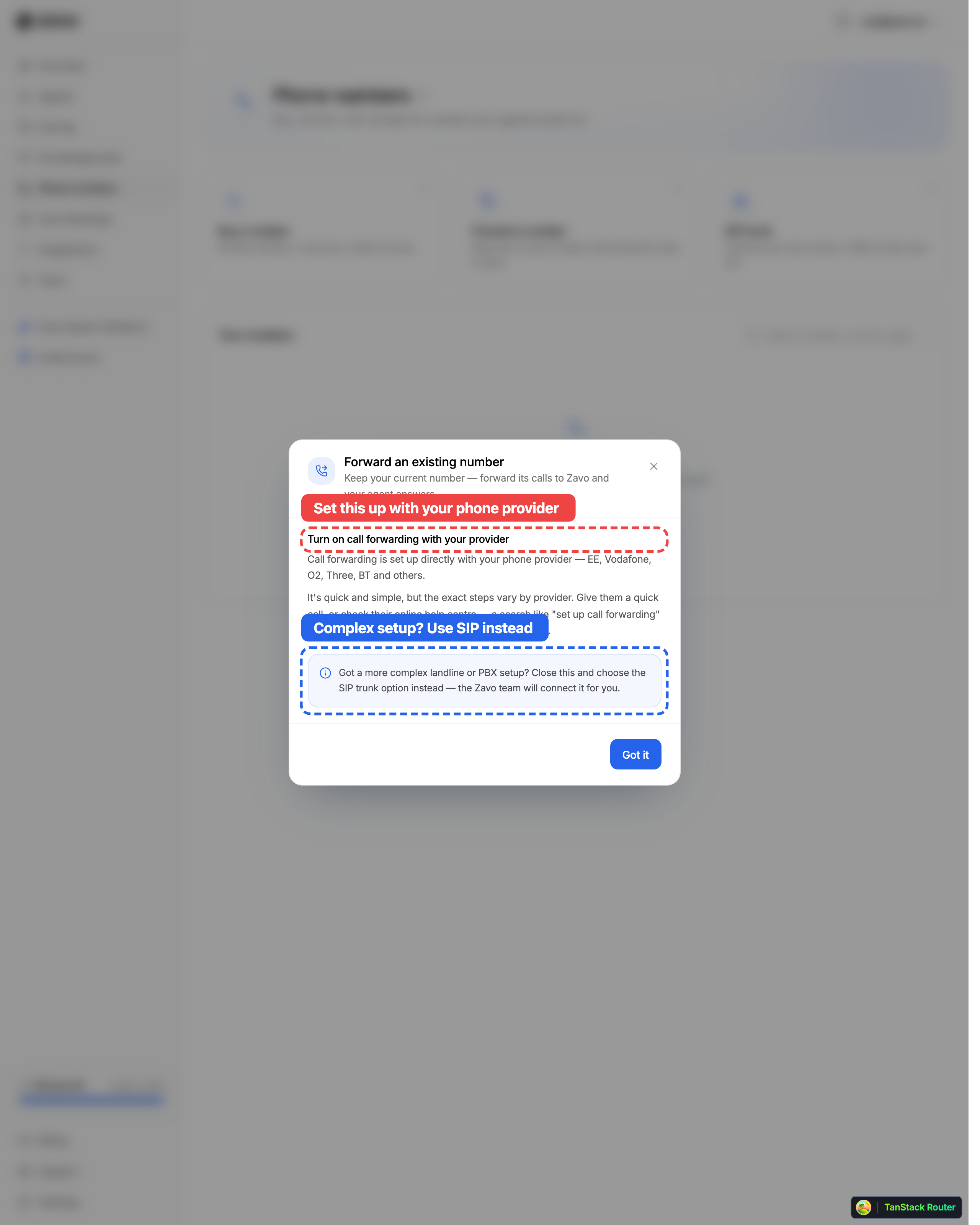 The Forward an existing number window, explaining how to set up forwarding